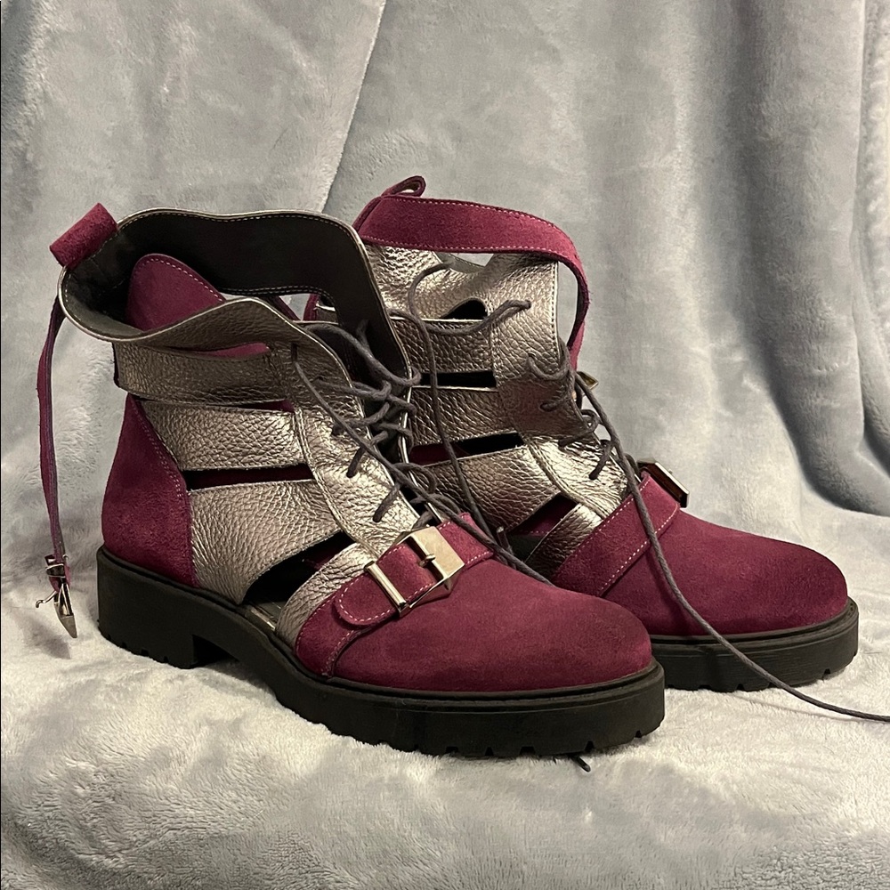 Women's Burgundy and Silver Ankle Boots